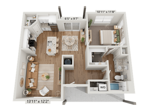 Floor plan for 1 bed, 1 bath, 742 sqft